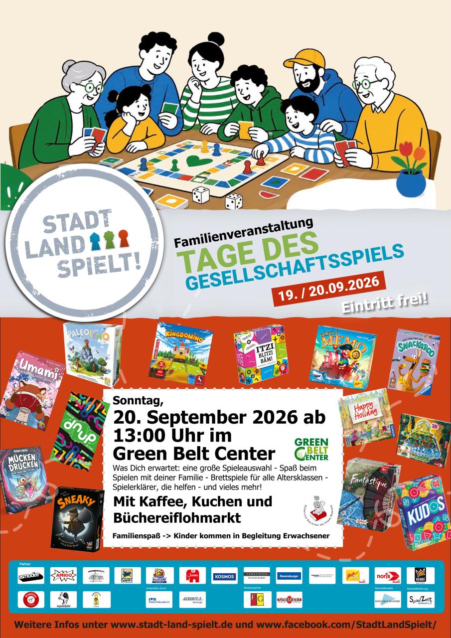 Plakat mit grau und rot. Informationen zum Tag des Gesellschaftsspiels