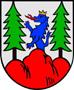 Wappen Windhaag: Drache in blau zwischen zwei Bäumen auf rotem Berg