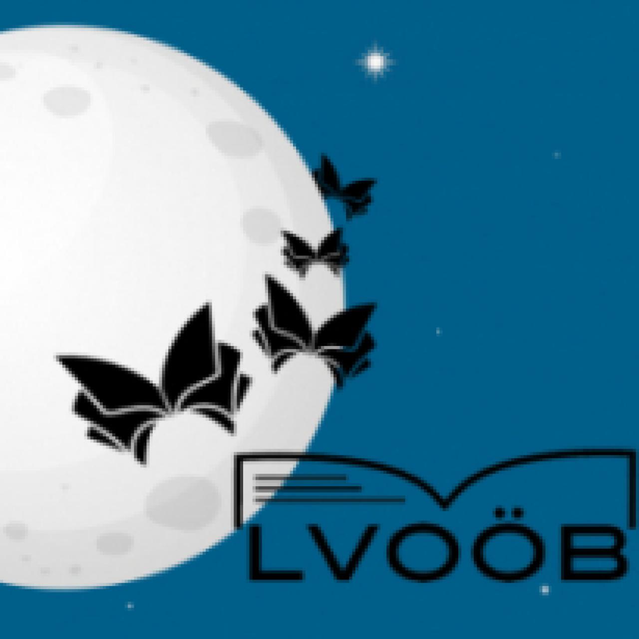 blauer Nachthimmel mit Büchern als Vögel vor dem Mond